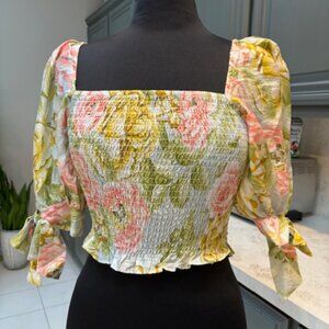 Express Smocked Floral Puff Bow Tie Sleeve